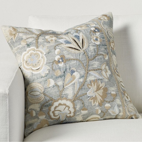 Pottery Barn Floral Embroidered Pillow Cover - Blue and Tan - Picture 1 of 4